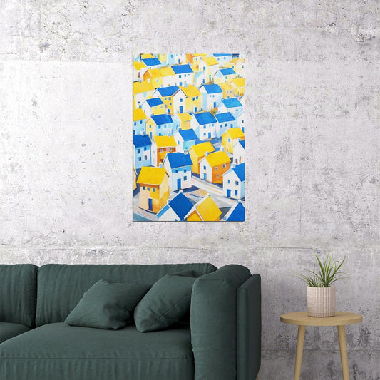 Yellow Blue Mediterranean Village Poster Wall Art Print Bright Colorful Coastal Decor Artistic Home Accent Travel Lovers - xonomax