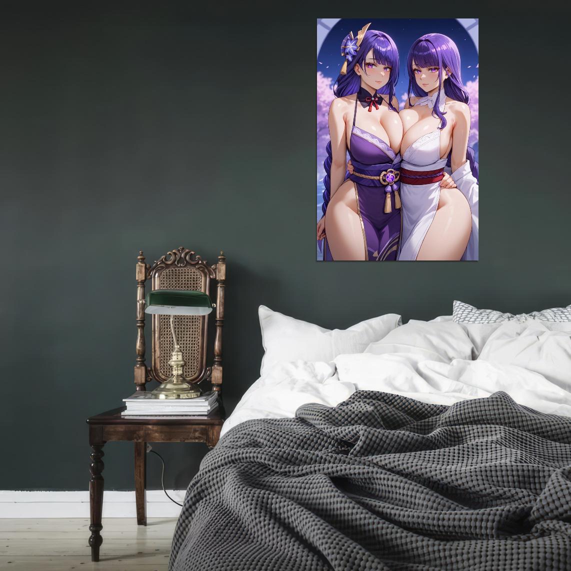 Genshin Impact Raiden Shogun Anime Poster Video Game Japanese Action Fantasy Sexy Twins Manga Art - xonomax