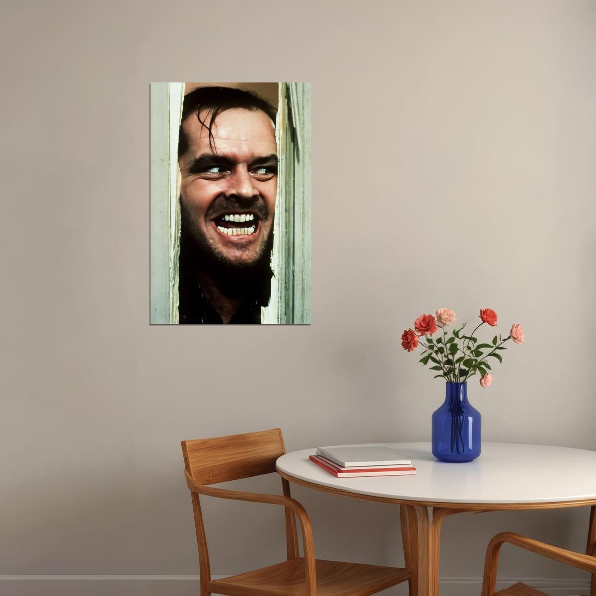 Jack Nicholson The Shining Movie Poster 1980 Iconic Here's Johnny! Scene Breaking the Door Legendary Horror Moment Wall Art Print - xonomax