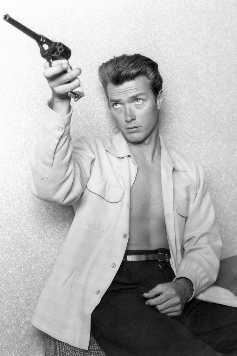 Clint Eastwood Young Portrait Revolver 1960s Black and White Classic Hollywood Cowboy Star Wall Art Print - xonomax