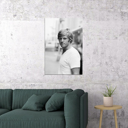 Robert Redford Young Early Portrait 1970s Hollywood Legend Black and White Classic Style Wall Art Print - xonomax