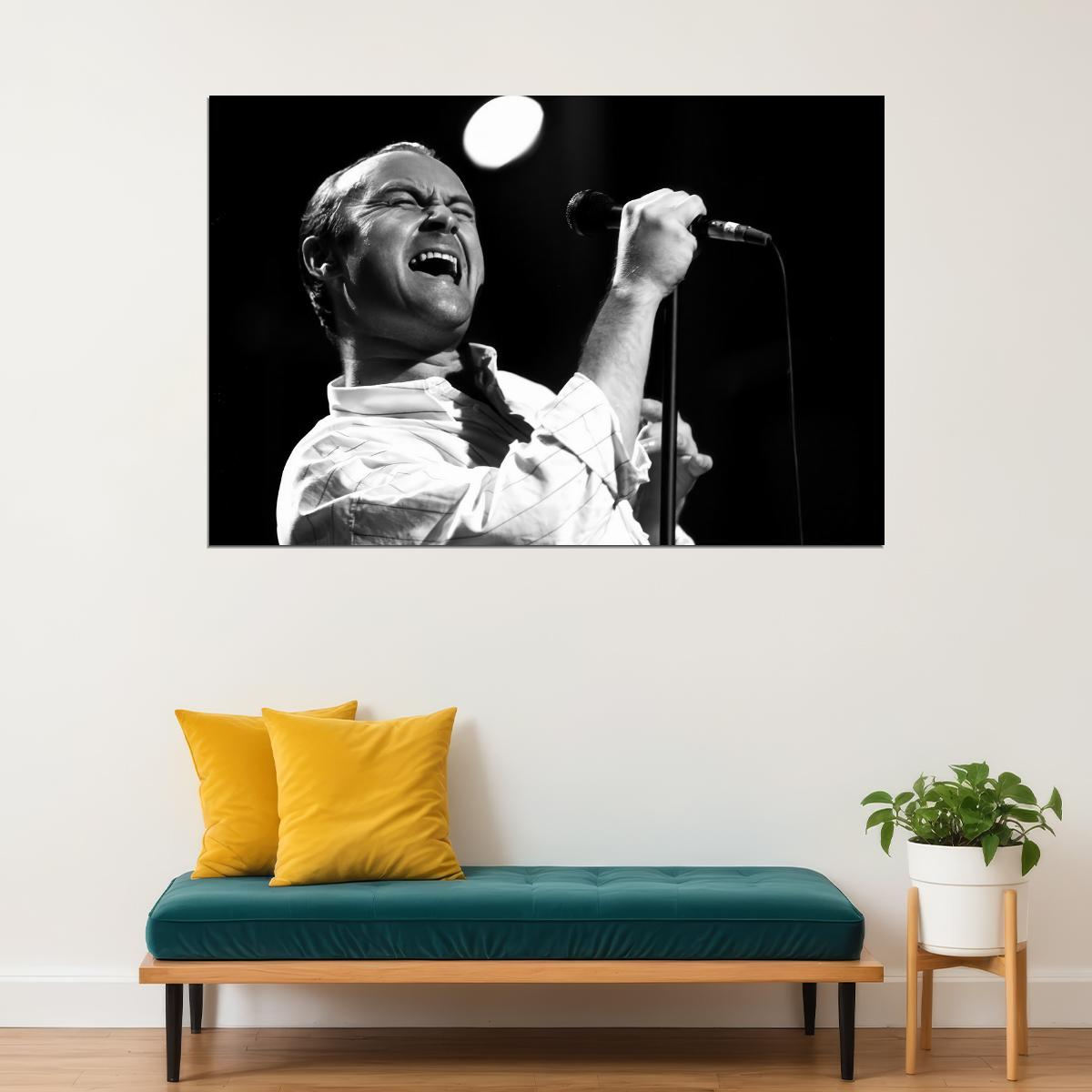 Phil Collins Music Poster Live Concert Performance Iconic Rock Singer Black and White Wall Art Print