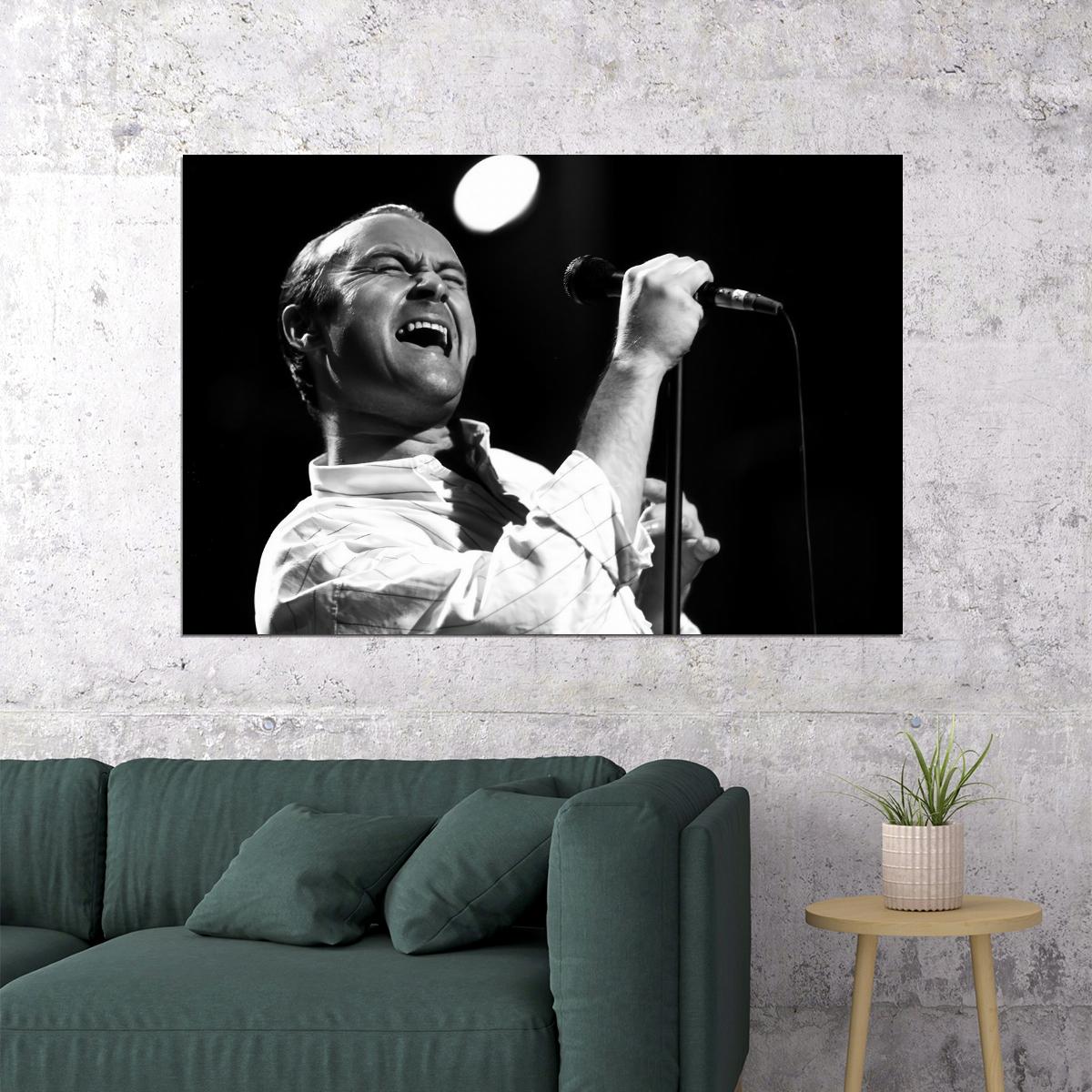 Phil Collins Music Poster Live Concert Performance Iconic Rock Singer Black and White Wall Art Print
