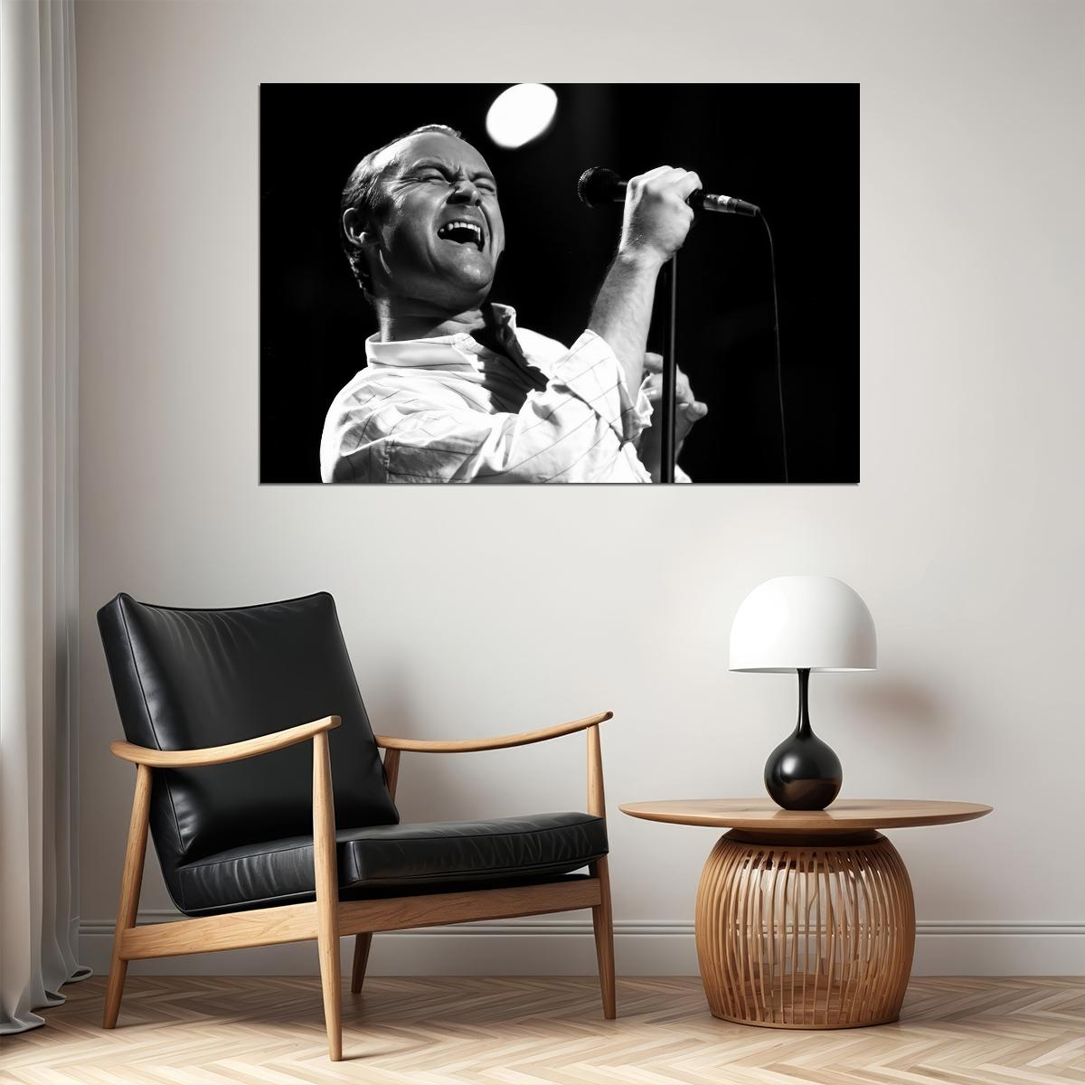 Phil Collins Music Poster Live Concert Performance Iconic Rock Singer Black and White Wall Art Print