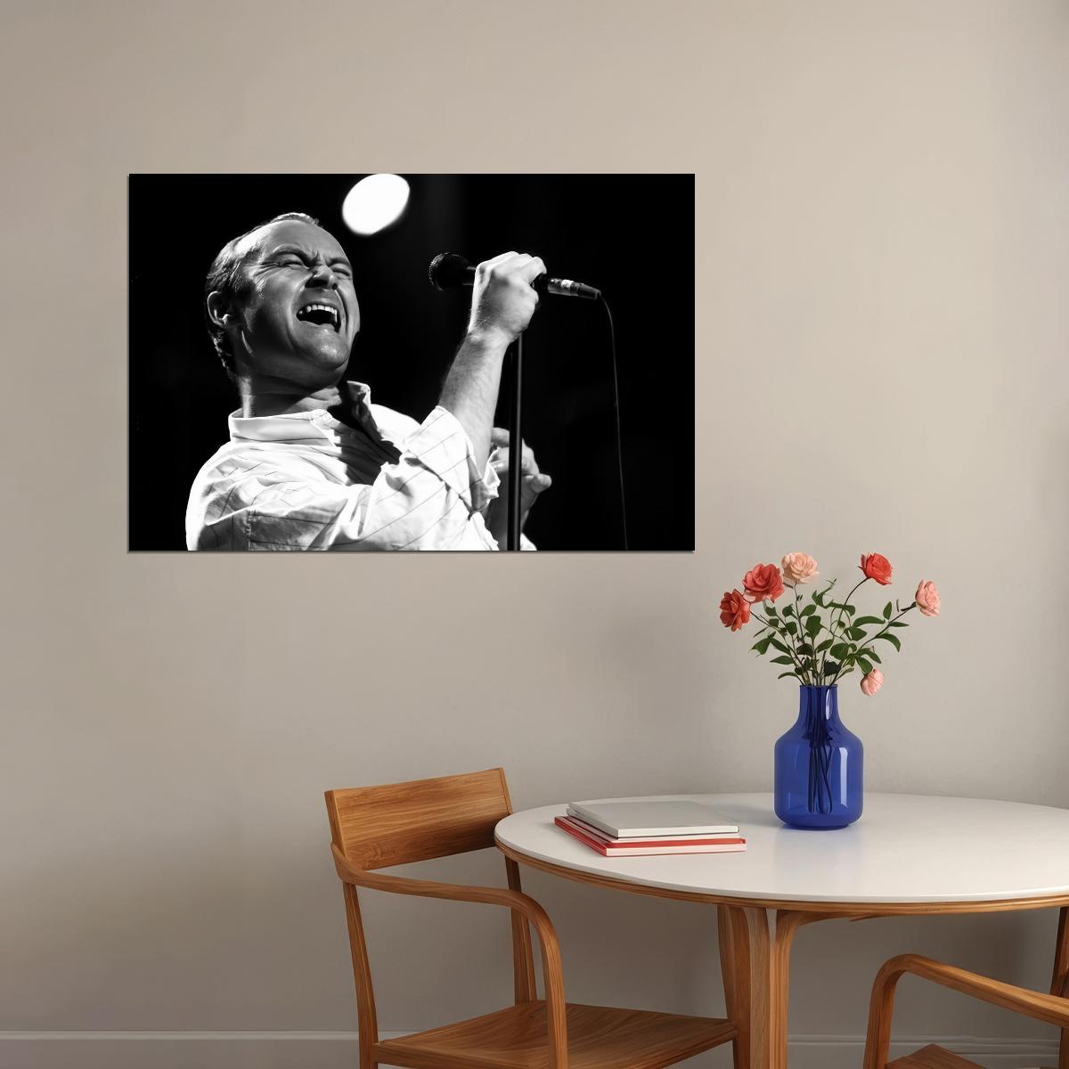 Phil Collins Music Poster Live Concert Performance Iconic Rock Singer Black and White Wall Art Print