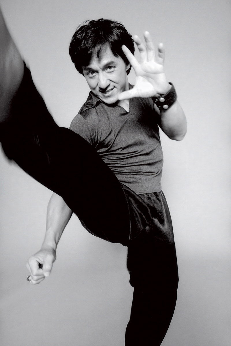 Jackie Chan 1980s Kick Pose Portrait Poster Classic Martial Arts Actor Early Career Black And White Wall Art Print Old Hollywood Aesthetic Wall Decor - xonomax