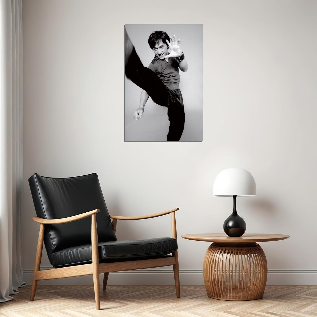 Jackie Chan 1980s Kick Pose Portrait Poster Classic Martial Arts Actor Early Career Black And White Wall Art Print Old Hollywood Aesthetic Wall Decor - xonomax