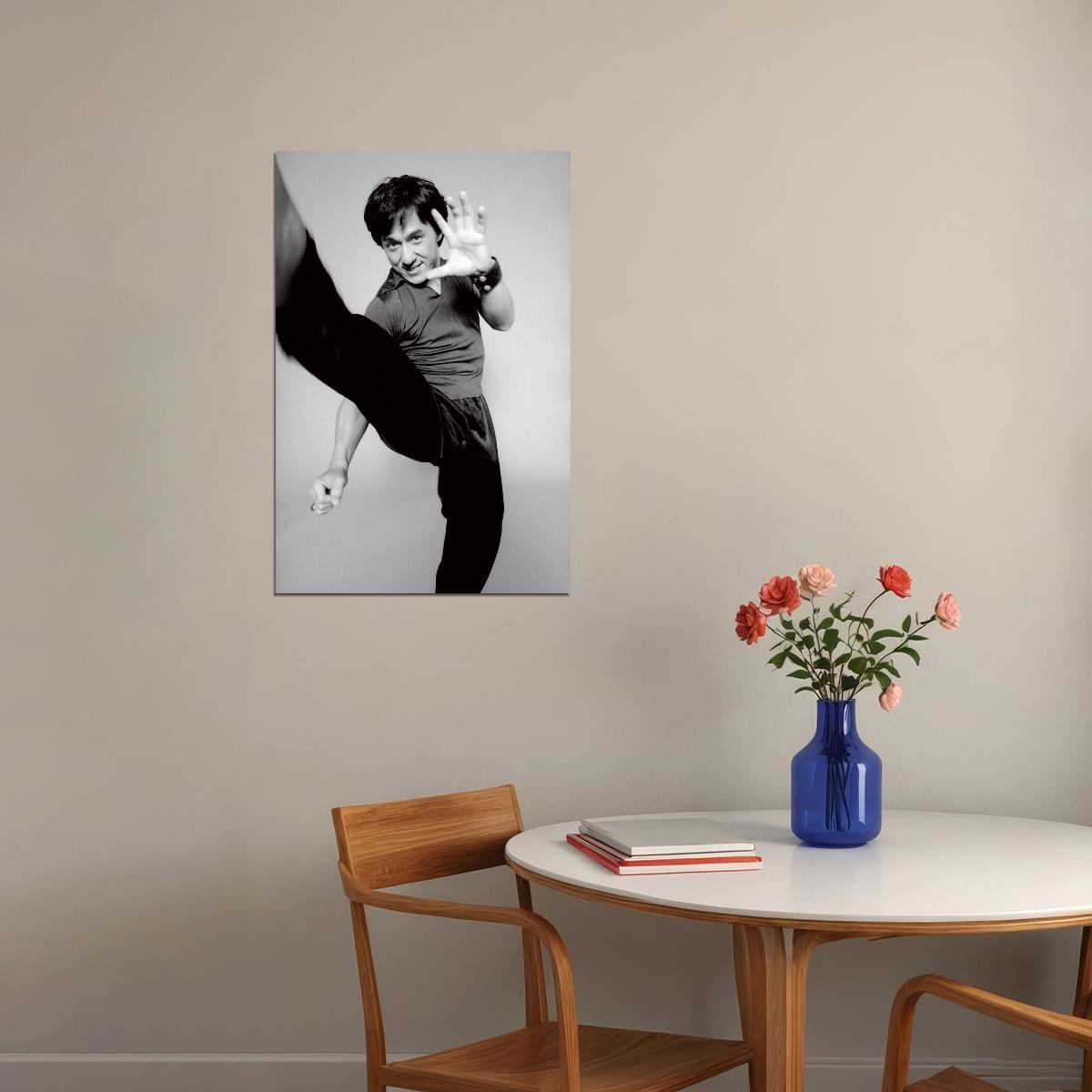 Jackie Chan 1980s Kick Pose Portrait Poster Classic Martial Arts Actor Early Career Black And White Wall Art Print Old Hollywood Aesthetic Wall Decor - xonomax
