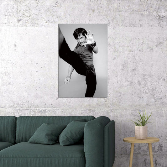 Jackie Chan 1980s Kick Pose Portrait Poster Classic Martial Arts Actor Early Career Black And White Wall Art Print Old Hollywood Aesthetic Wall Decor - xonomax