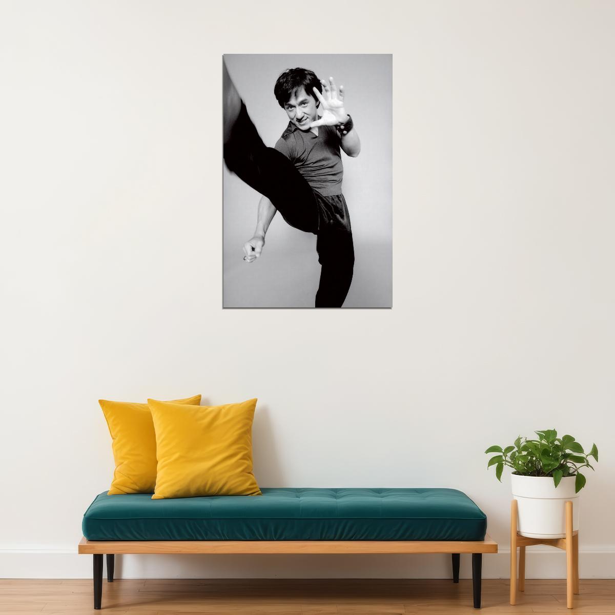 Jackie Chan 1980s Kick Pose Portrait Poster Classic Martial Arts Actor Early Career Black And White Wall Art Print Old Hollywood Aesthetic Wall Decor - xonomax