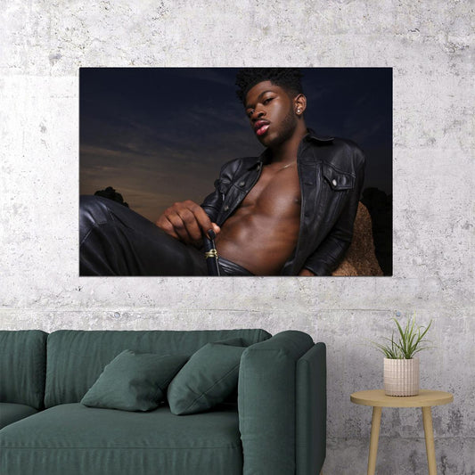 Lil Nas X Sexy Leather Photo Print Hollywood Celebrity Poster Shirtless Handsome Black Man Wall Art Hot Male Aesthetic Decor for Bedroom Living Room - xonomax