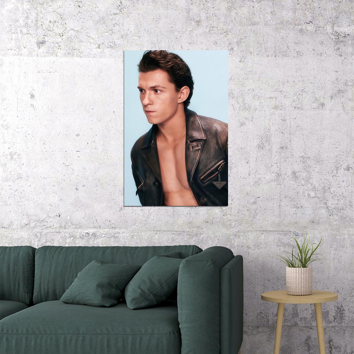 Tom Holland Leather Jacket Photo Print Hollywood Celebrity Poster Handsome Man Wall Art Hot Male Aesthetic Decor for Bedroom Office