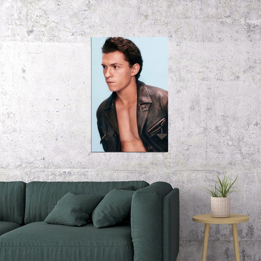 Tom Holland Leather Jacket Photo Print Hollywood Celebrity Poster Handsome Man Wall Art Hot Male Aesthetic Decor for Bedroom Office - xonomax