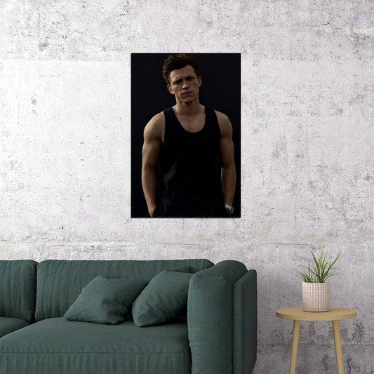 Tom Holland Stylish Black Tank Top Photo Print Hollywood Celebrity Poster Handsome Man Wall Art Hot Male Aesthetic Decor for Bedroom Living Room - xonomax