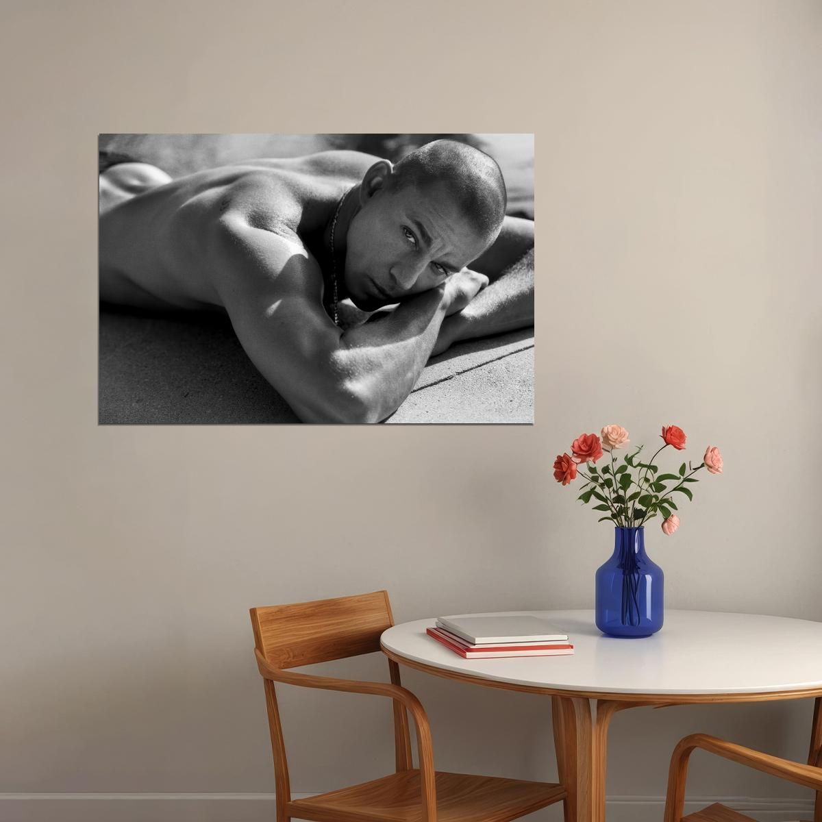 Channing Tatum Black and White Outdoor Photo Print Hollywood Celebrity Poster Shirtless Handsome Man Wall Art Hot Male Aesthetic Decor for Bedroom Living Space - xonomax