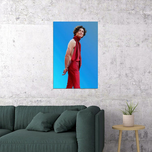 Timothee Chalamet Bold Red Outfit Photo Print Hollywood Celebrity Poster Handsome Man Wall Art Hot Male Aesthetic Decor for Bedroom Living Room - xonomax
