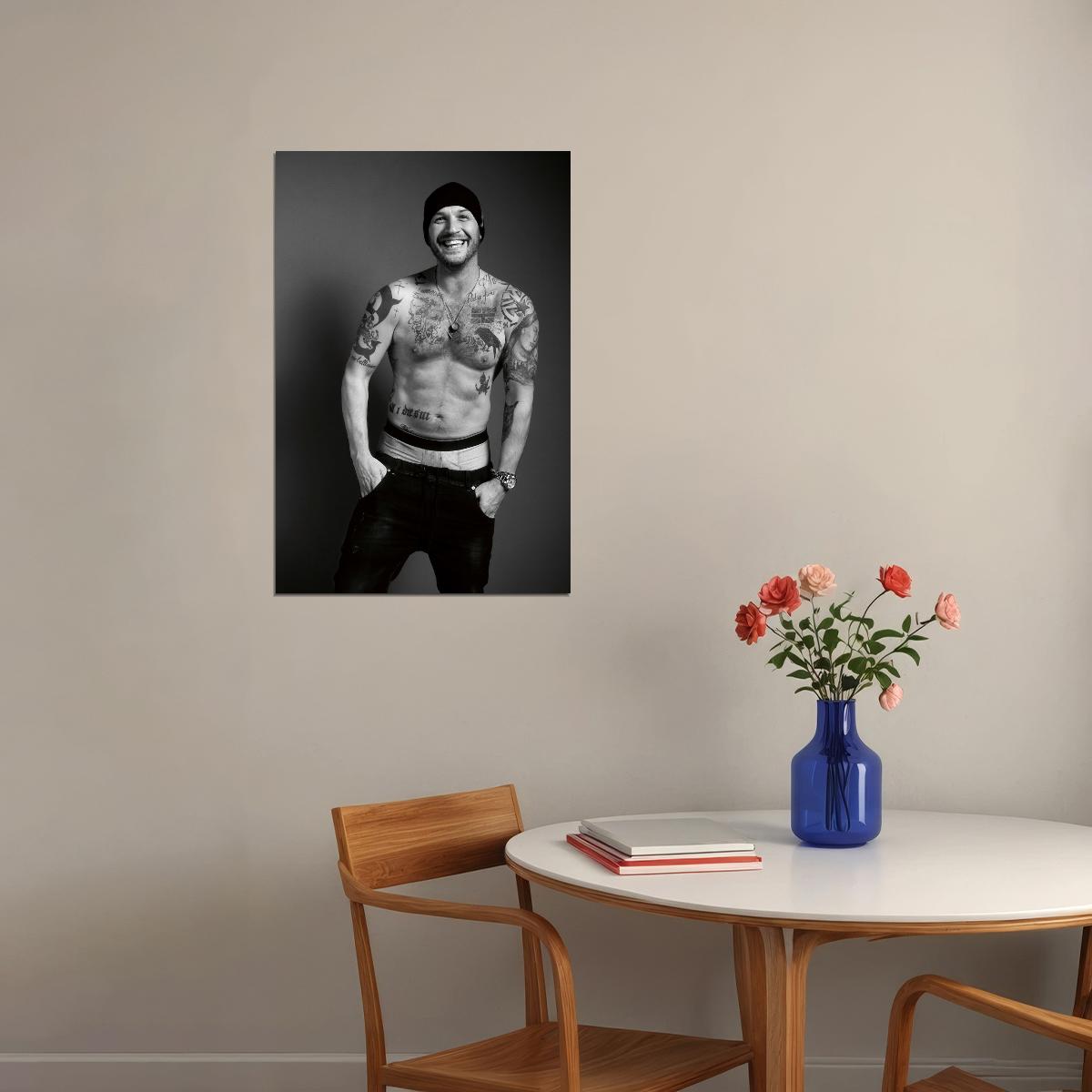 Tom Hardy Black and White Tattooed Photo Print Hollywood Celebrity Poster Shirtless Handsome Man Wall Art Hot Male Model Aesthetic Decor for Bedroom Office
