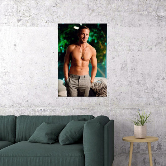 Ryan Gosling Smiling Shirtless Photo Print Hollywood Celebrity Poster Handsome Man Wall Art Hot Male Aesthetic Decor for Bedroom Living Room - xonomax
