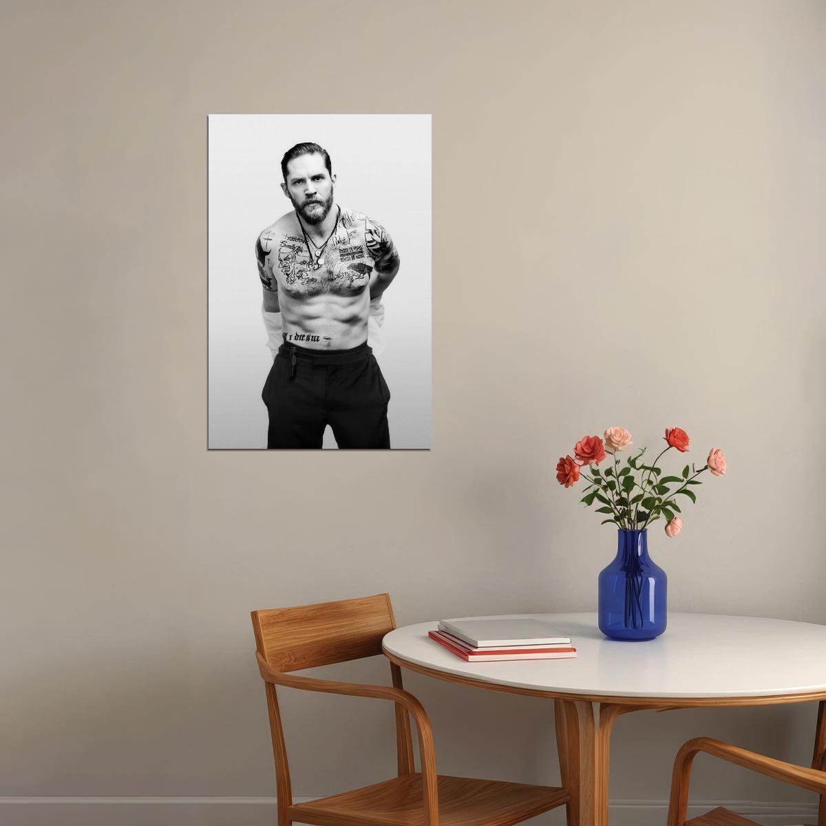 om Hardy Black and White Tattooed Photo Print Hollywood Celebrity Poster Shirtless Handsome Man Wall Art Hot Male Aesthetic Decor for Bedroom Office - xonomax