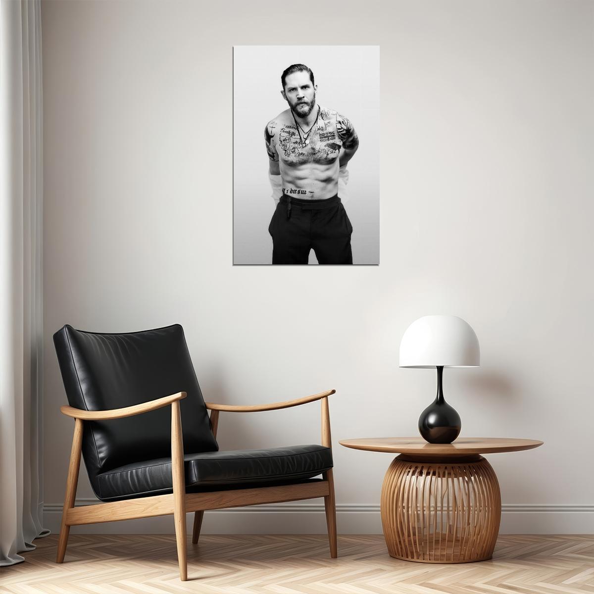 om Hardy Black and White Tattooed Photo Print Hollywood Celebrity Poster Shirtless Handsome Man Wall Art Hot Male Aesthetic Decor for Bedroom Office - xonomax
