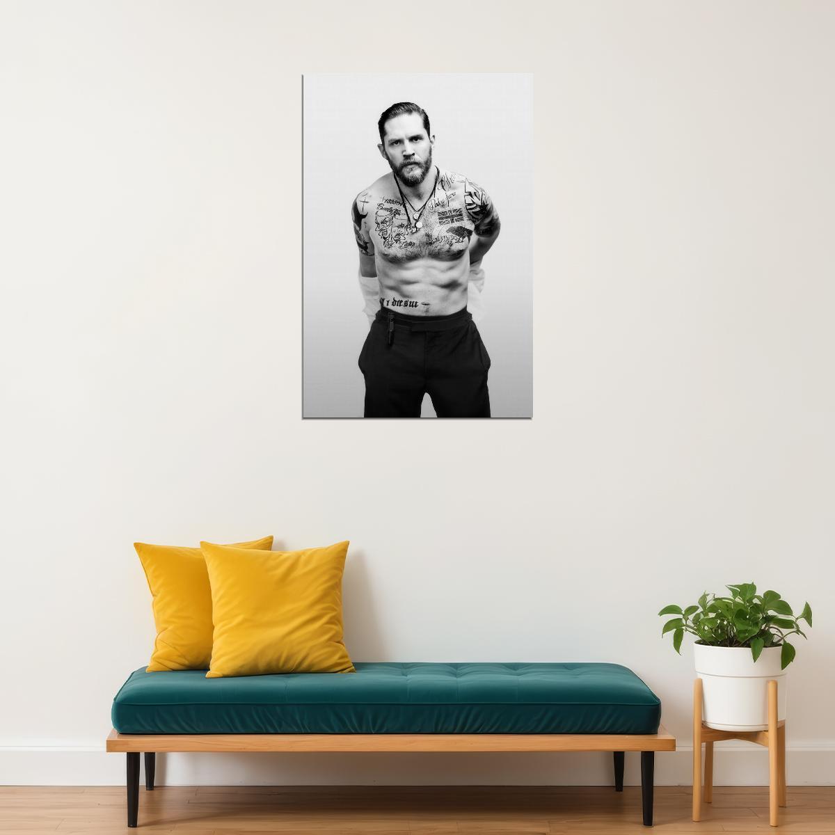 om Hardy Black and White Tattooed Photo Print Hollywood Celebrity Poster Shirtless Handsome Man Wall Art Hot Male Aesthetic Decor for Bedroom Office - xonomax