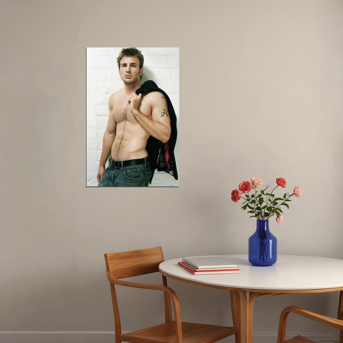 Chris Evans Shirtless Leather Jacket Photo Print Hollywood Celebrity Poster Handsome Man Wall Art Hot Male Aesthetic Decor for Bedroom Living Space - xonomax