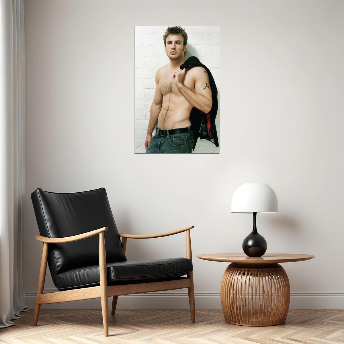 Chris Evans Shirtless Leather Jacket Photo Print Hollywood Celebrity Poster Handsome Man Wall Art Hot Male Aesthetic Decor for Bedroom Living Space - xonomax