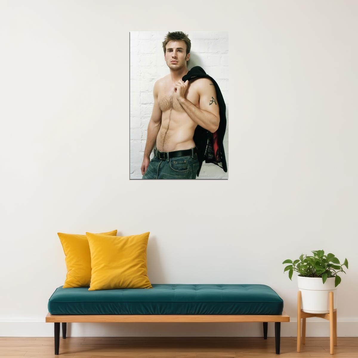 Chris Evans Shirtless Leather Jacket Photo Print Hollywood Celebrity Poster Handsome Man Wall Art Hot Male Aesthetic Decor for Bedroom Living Space - xonomax