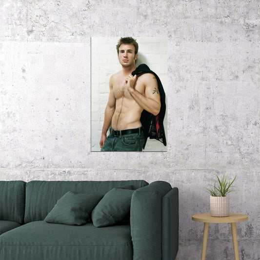Chris Evans Shirtless Leather Jacket Photo Print Hollywood Celebrity Poster Handsome Man Wall Art Hot Male Aesthetic Decor for Bedroom Living Space - xonomax