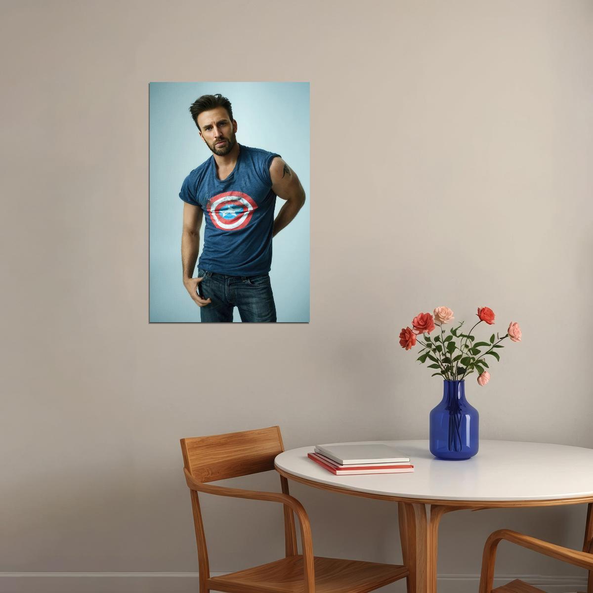Chris Evans America T-Shirt Photo Print Hollywood Celebrity Poster Handsome Man Wall Art Hot Male Model Aesthetic Decor for Bedroom Living Room - xonomax