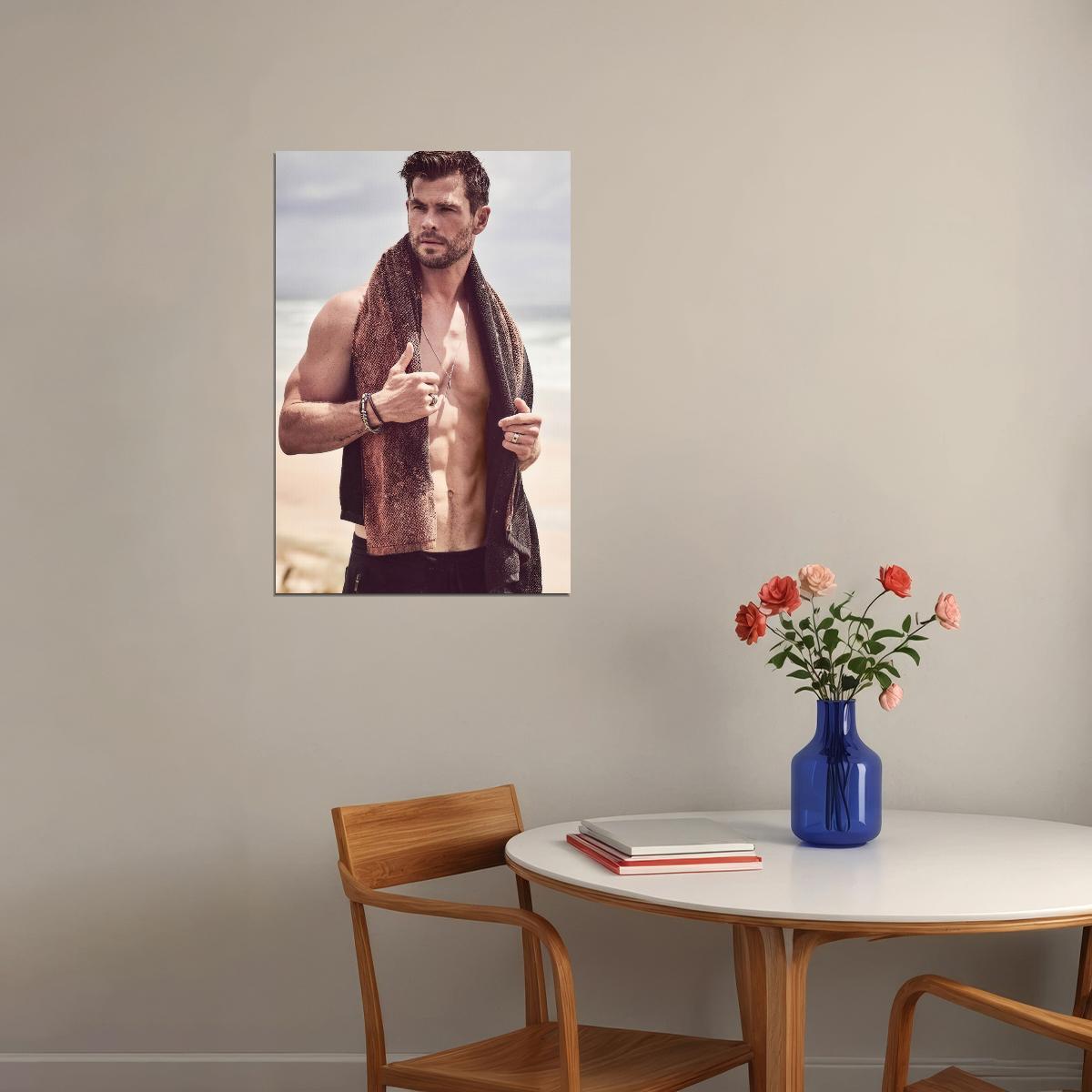 Chris Hemsworth Shirtless Beach Photo Print Hollywood Celebrity Poster Handsome Man Wall Art Hot Male Model Aesthetic Decor for Bedroom Living Room - xonomax