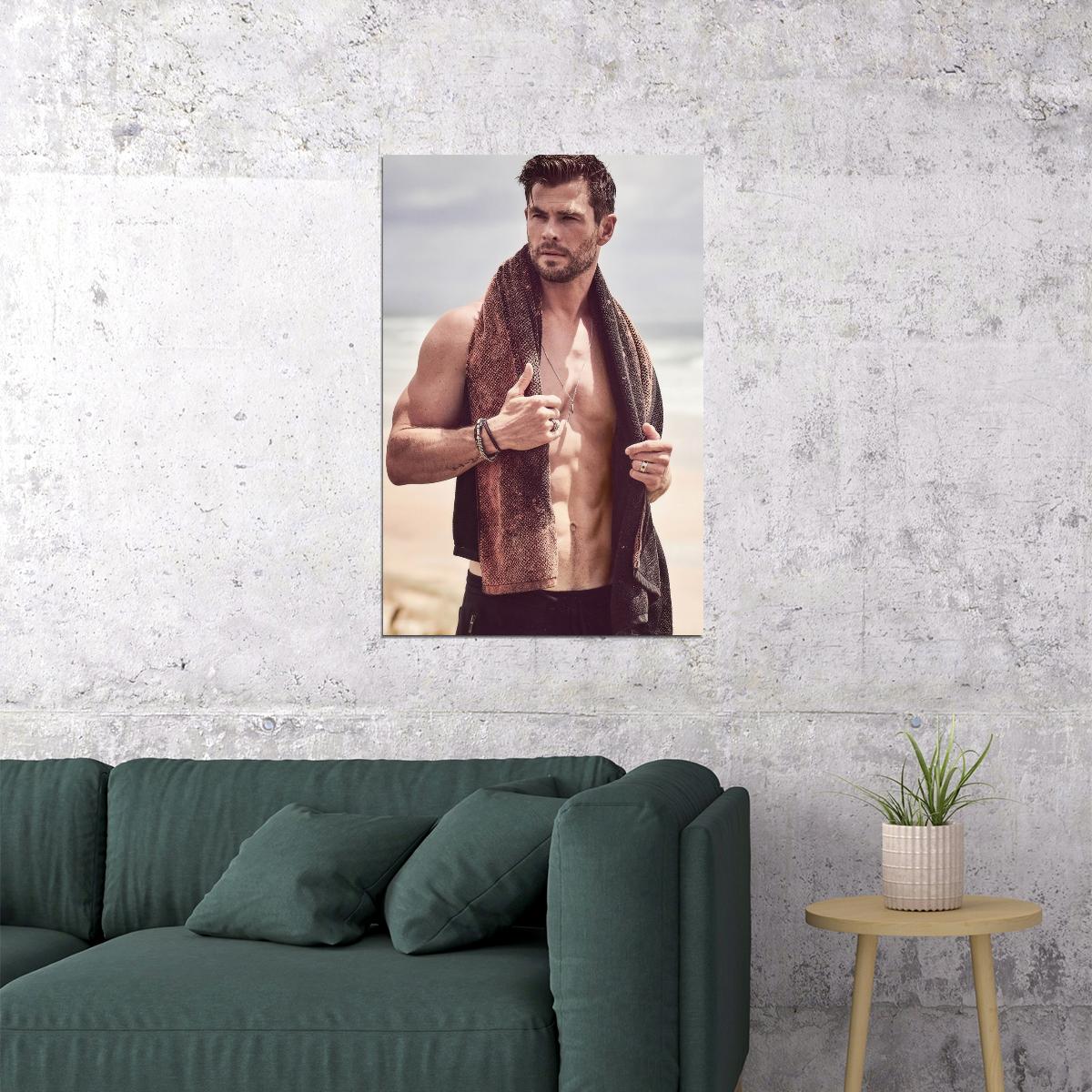 Chris Hemsworth Shirtless Beach Photo Print Hollywood Celebrity Poster Handsome Man Wall Art Hot Male Model Aesthetic Decor for Bedroom Living Room - xonomax