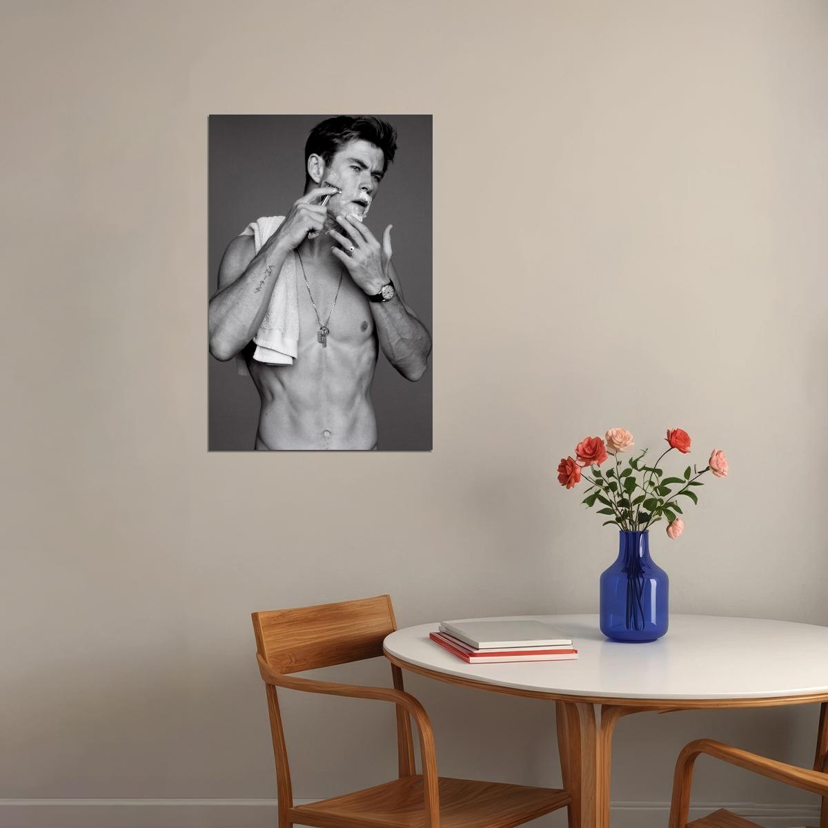 Chris Hemsworth Black and White Shirtless Shaving Photo Print Hollywood Celebrity Poster Handsome Man Wall Art Hot Male Aesthetic Decor for Bedroom Living Space - xonomax