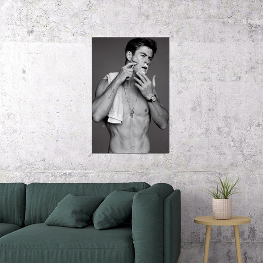 Chris Hemsworth Black and White Shirtless Shaving Photo Print Hollywood Celebrity Poster Handsome Man Wall Art Hot Male Aesthetic Decor for Bedroom Living Space - xonomax