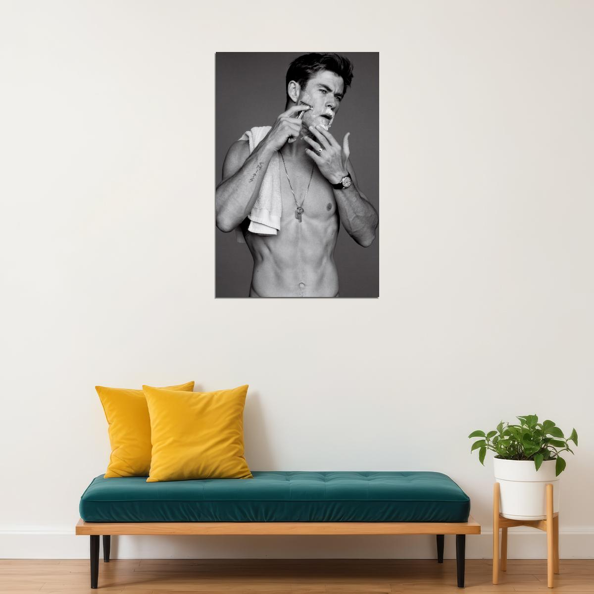 Chris Hemsworth Black and White Shirtless Shaving Photo Print Hollywood Celebrity Poster Handsome Man Wall Art Hot Male Aesthetic Decor for Bedroom Living Space - xonomax