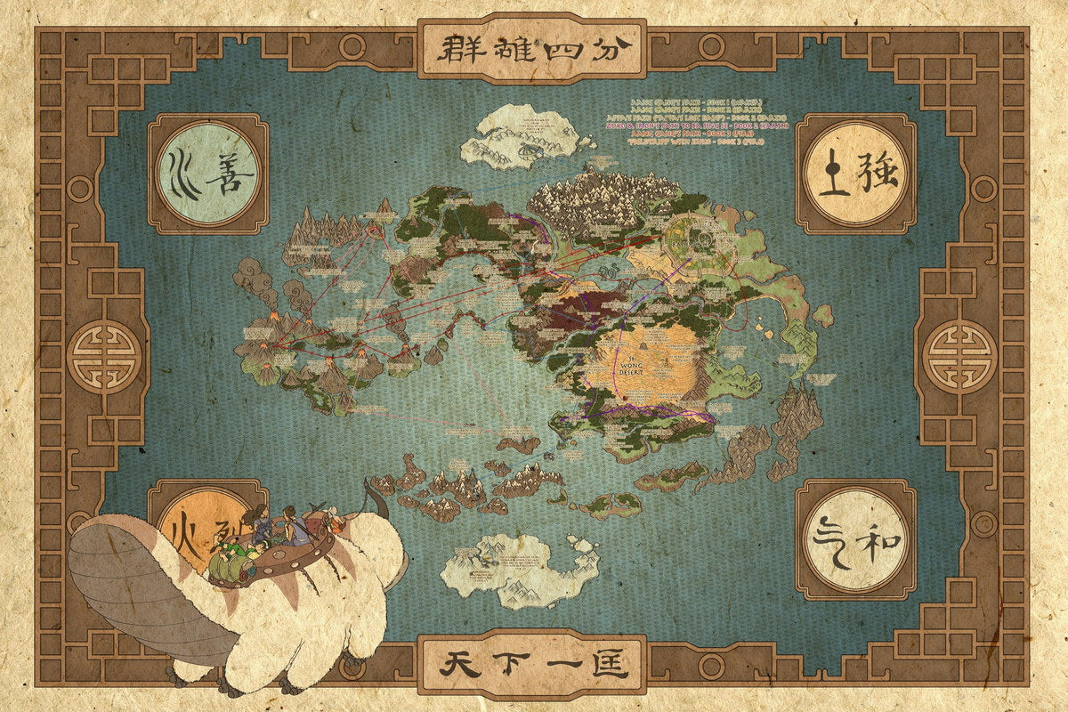 Avatar The Last Airbender Anime Poster Four Nations Map Print Elemental World Wall Art Teen Room Decor