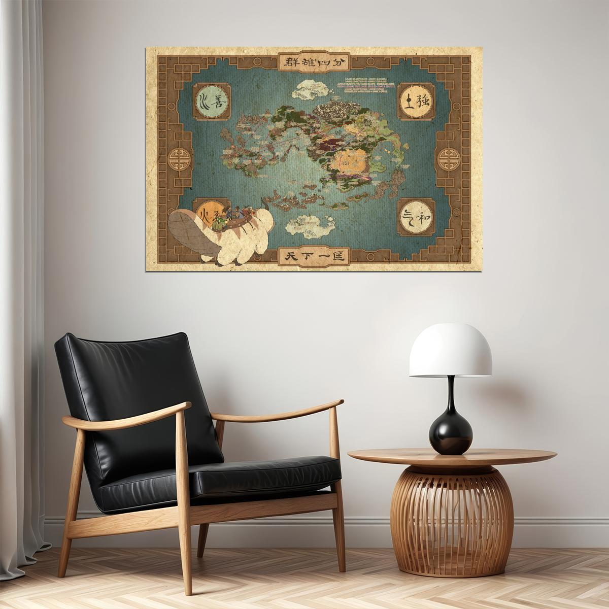 Avatar The Last Airbender Anime Poster Four Nations Map Print Elemental World Wall Art Teen Room Decor