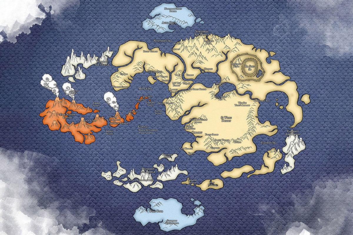 Avatar The Last Airbender Anime Poster Four Nations Map Print Elemental World Wall Art Teen Room Decor