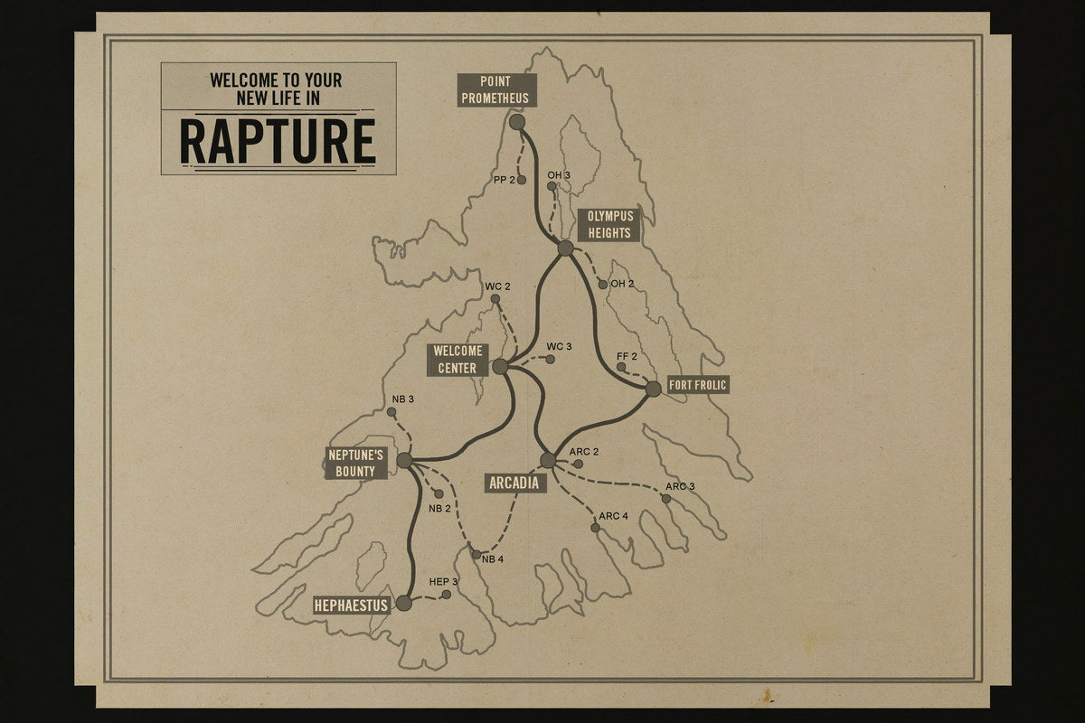 BioShock Video Game Poster Rapture Map Print Retro Futuristic Gamer Wall Art Underwater City Decor