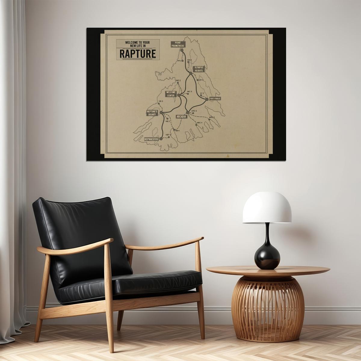 BioShock Video Game Poster Rapture Map Print Retro Futuristic Gamer Wall Art Underwater City Decor