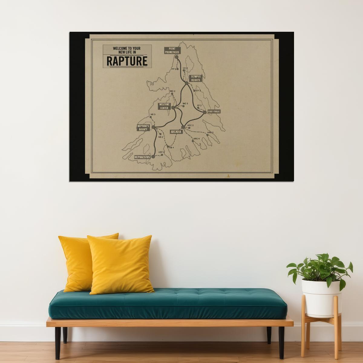 BioShock Video Game Poster Rapture Map Print Retro Futuristic Gamer Wall Art Underwater City Decor