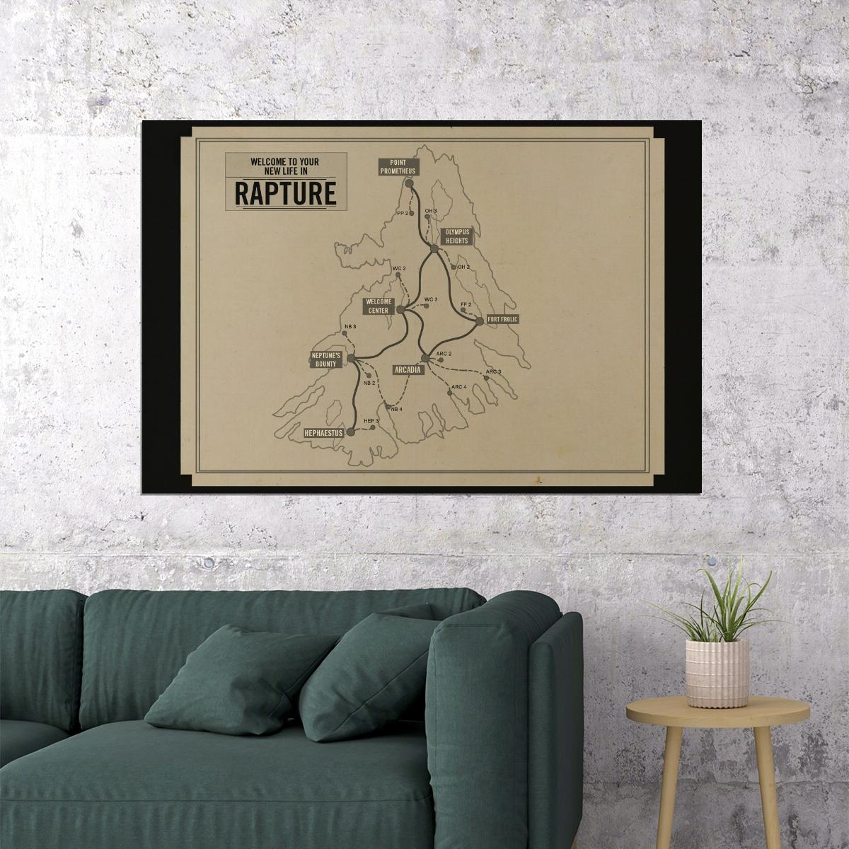 BioShock Video Game Poster Rapture Map Print Retro Futuristic Gamer Wall Art Underwater City Decor