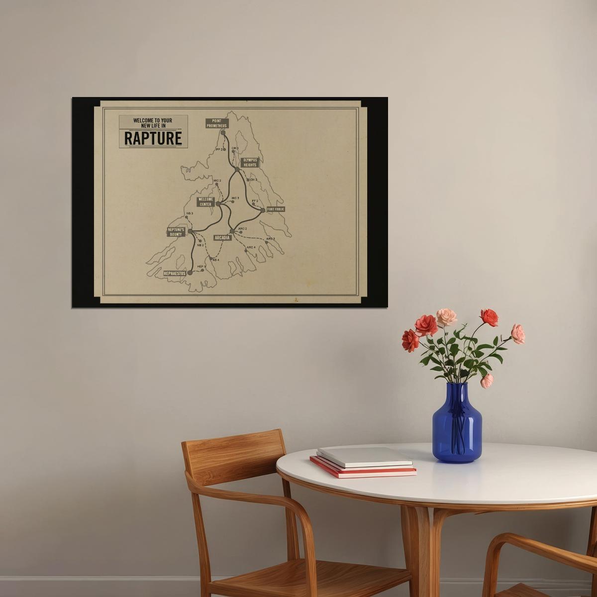 BioShock Video Game Poster Rapture Map Print Retro Futuristic Gamer Wall Art Underwater City Decor