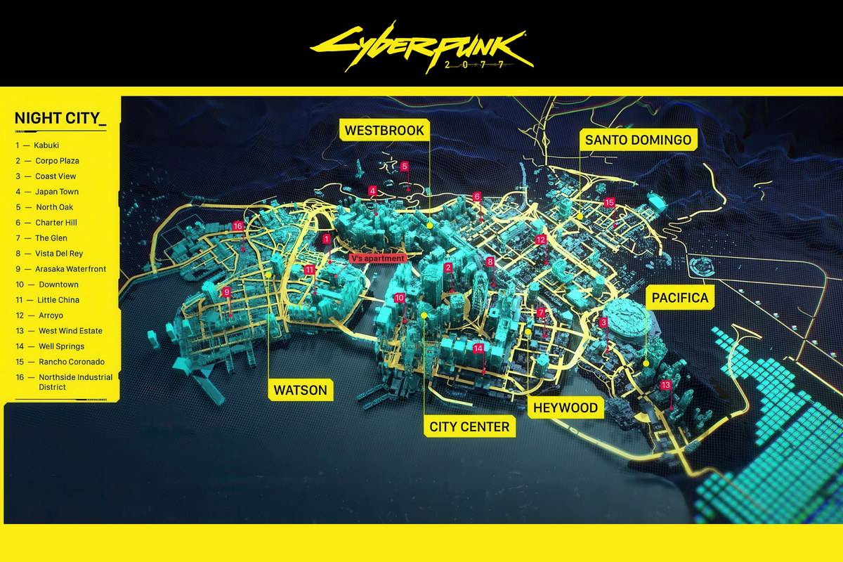 Cyberpunk 2077 Video Game Poster Night City Districts Map Print Futuristic Gamer Wall Art Open World Decor