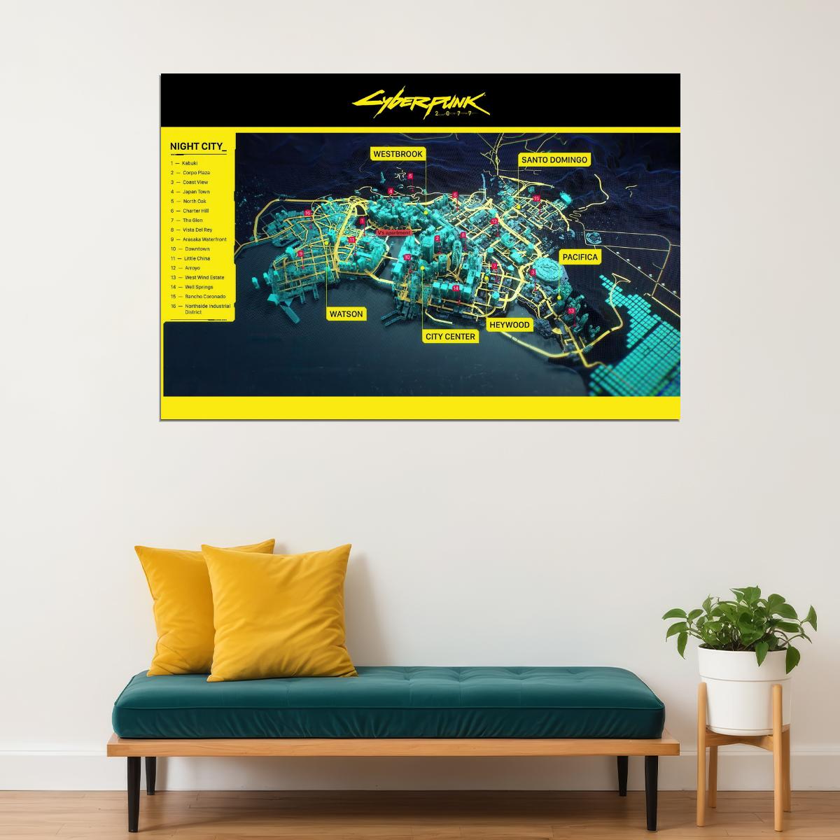 Cyberpunk 2077 Video Game Poster Night City Districts Map Print Futuristic Gamer Wall Art Open World Decor