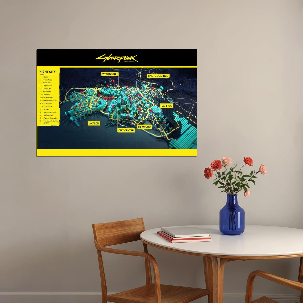 Cyberpunk 2077 Video Game Poster Night City Districts Map Print Futuristic Gamer Wall Art Open World Decor