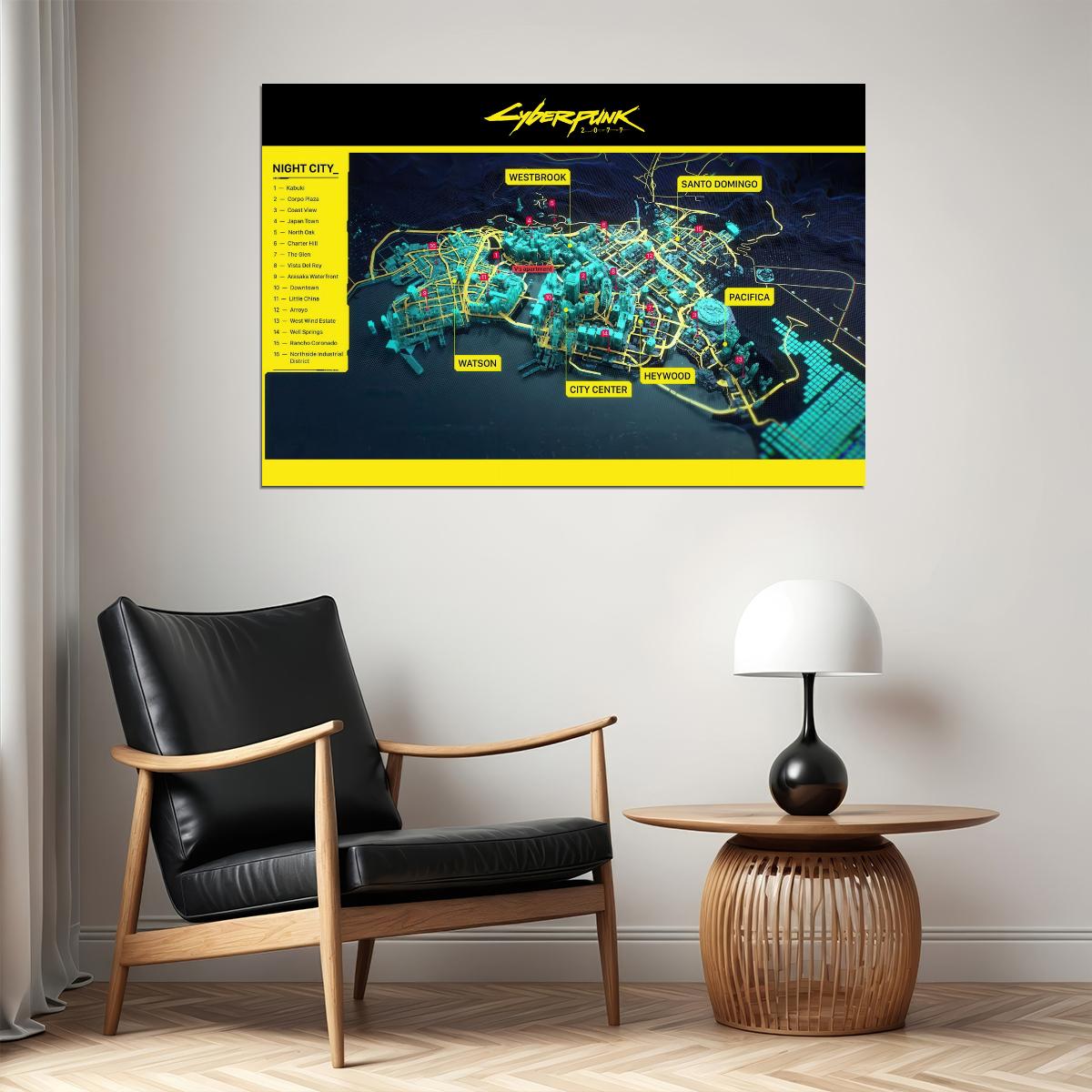 Cyberpunk 2077 Video Game Poster Night City Districts Map Print Futuristic Gamer Wall Art Open World Decor