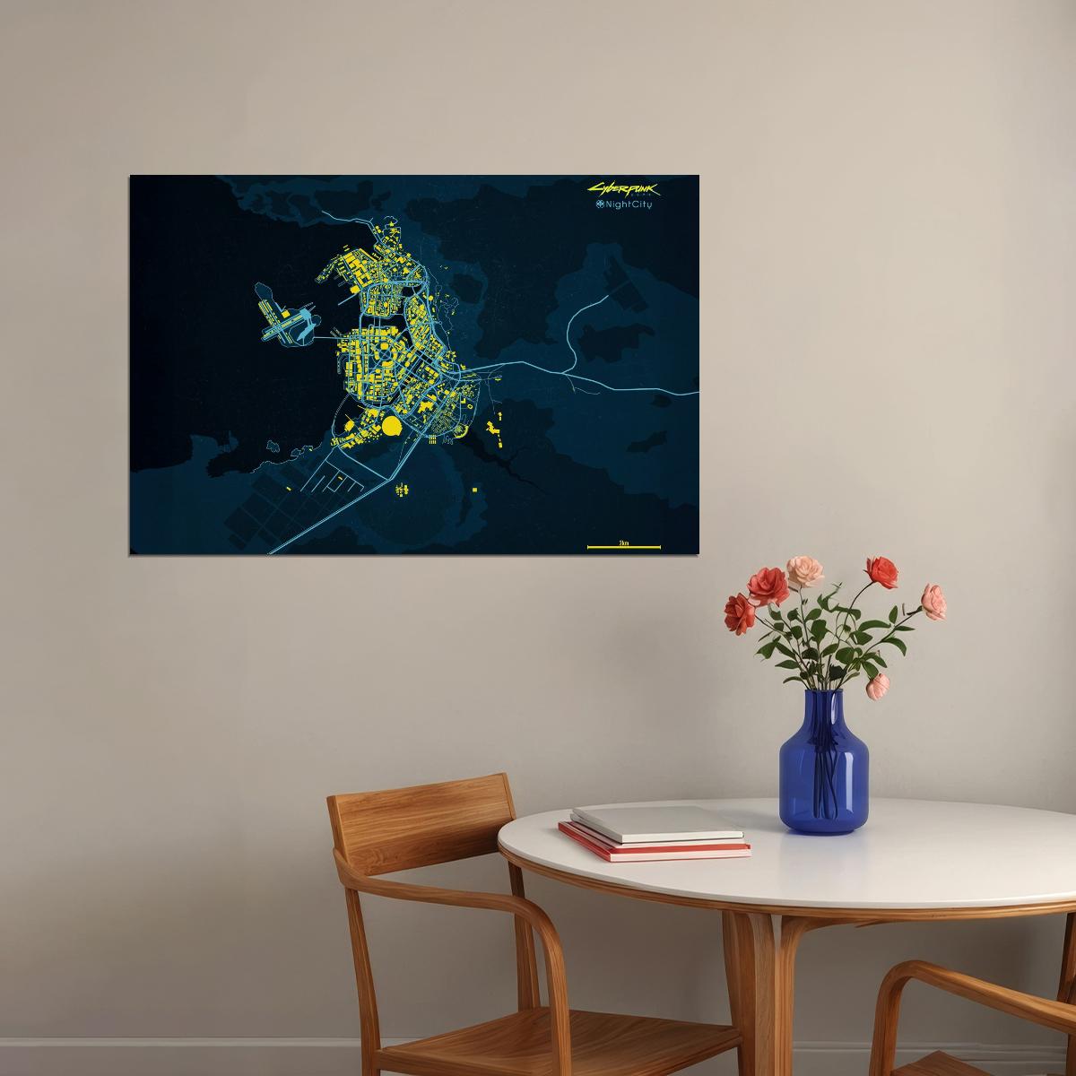 Cyberpunk 2077 Video Game Poster Night City Map Print Futuristic Open World Gamer Wall Art Sci-Fi Decor