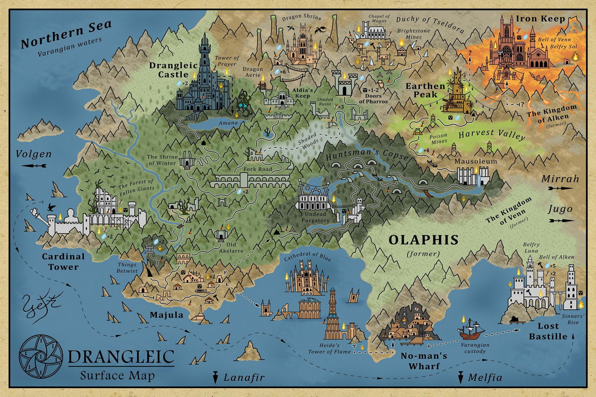 Dark Souls Video Game Poster Drangleic Surface Map Print Fantasy RPG Gamer Wall Art Dark Medieval Decor