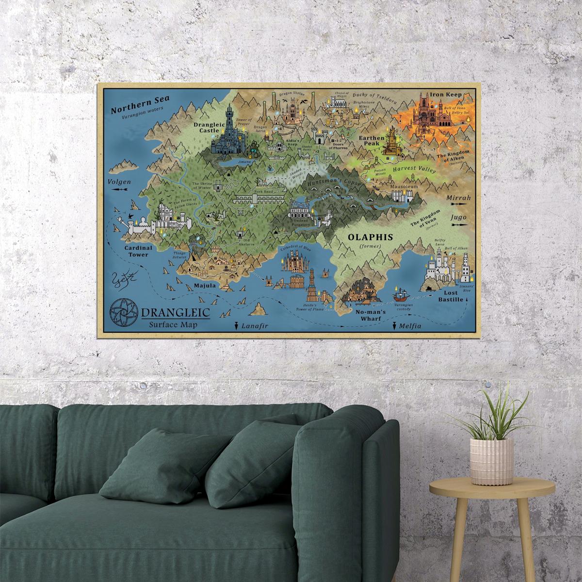 Dark Souls Video Game Poster Drangleic Surface Map Print Fantasy RPG Gamer Wall Art Dark Medieval Decor